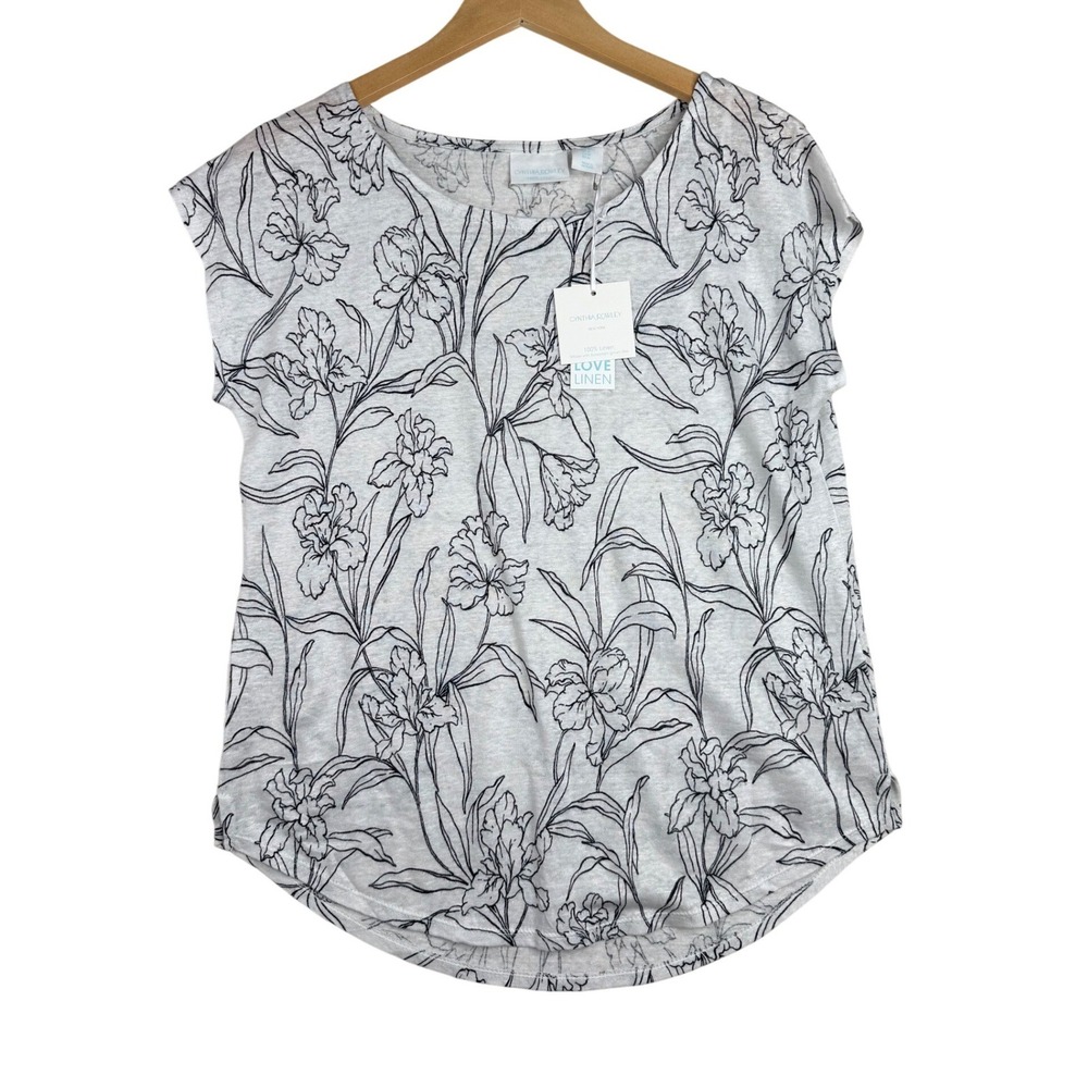 New Cynthia Rowley 100% Linen Floral Print Blouse size Medium White/Black
